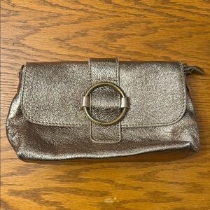 Gold Textured Clutch with Circular Buckle